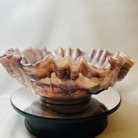 Imperial Vintage Purple Slag Glass Bowl Embossed Rose Design Ruffle Edge 9" wide - Picture 10 of 12